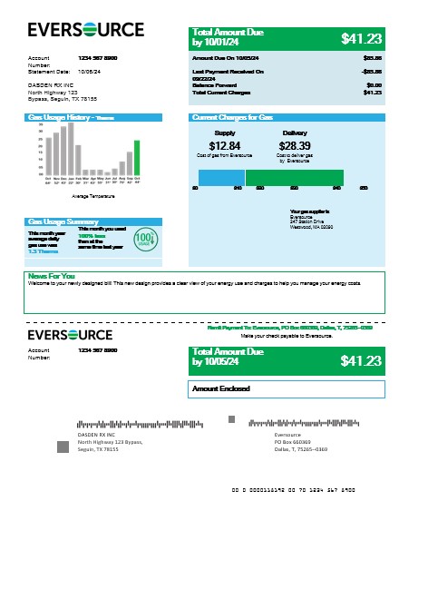 USA Eversource gas business utility bill template in Word and PDF formats, good for address prove